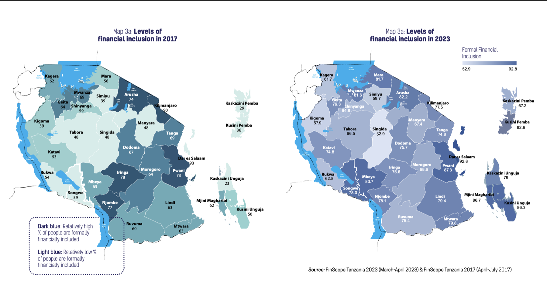 Two maps of Tanzania comparing levels of financial inclusion in 2017 and 2023