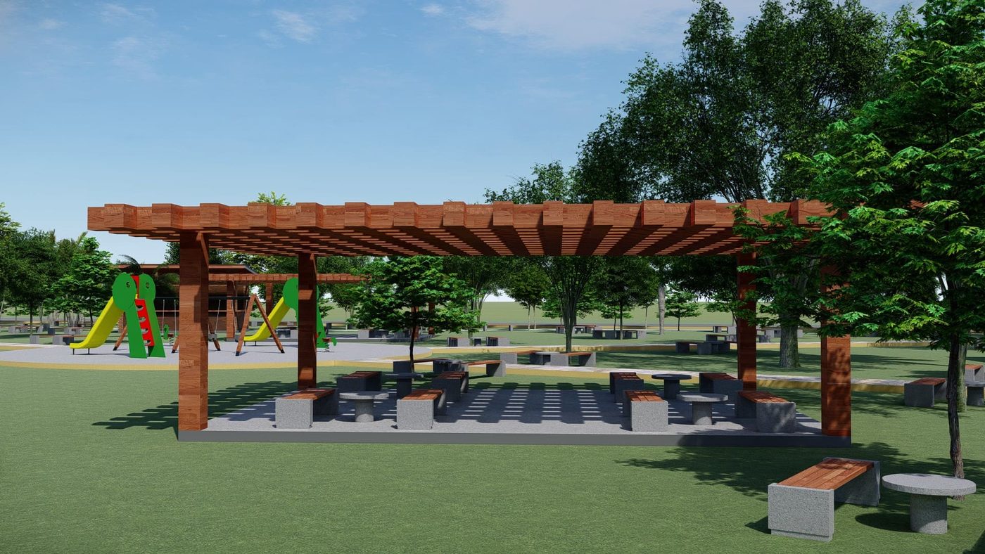 Design view of shaded seating under a timber pergola in a community park